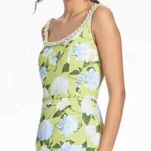 Sachin + Babi Lana Gown Citrine Peonies 14 EUC Green Blue Floral Pearl Dress